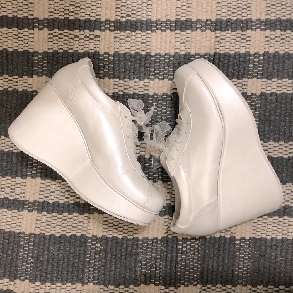 Alex Rivière Pearl White Wedding Shoes Platform Wedges Laced Leather Sneaker 7.5